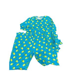 XS Womens Pajama Set Long Sleeve Top & Pants Blue Lemon Print Lounge Sleepwear